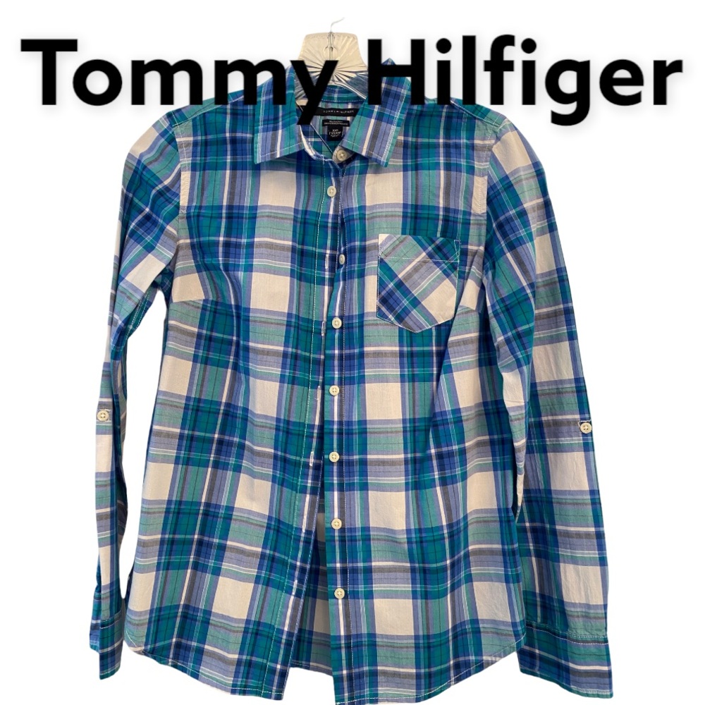 Tommy Hilfiger Long Sleeve Blue & White Plaid Cotton Button Up  Shirt XXS
